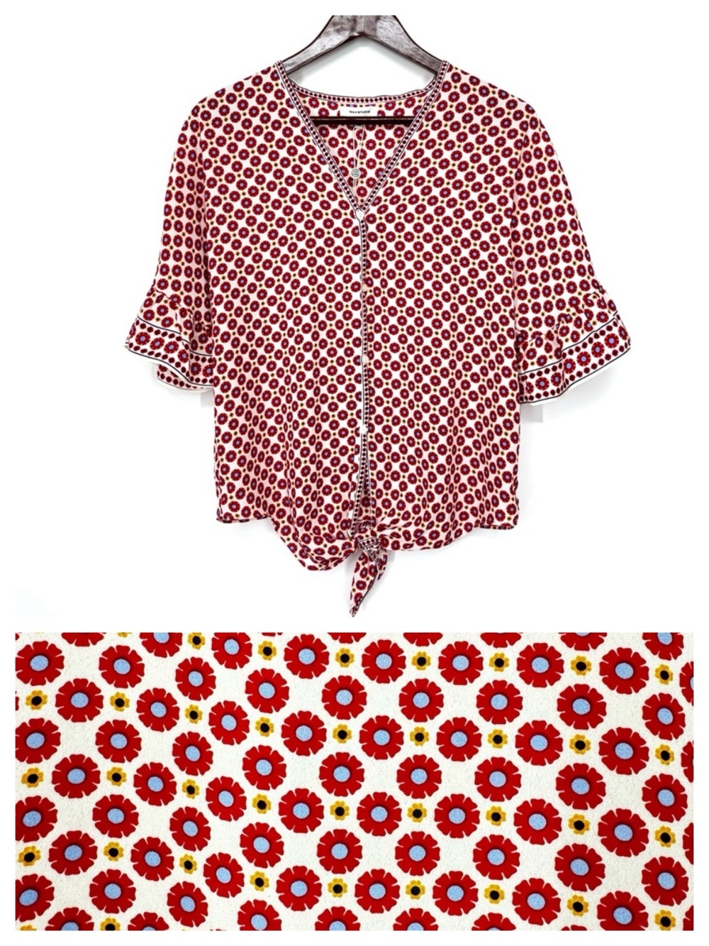 Max Studio Ivory Red Blue Geometric Print V-Neck Button Front Half Sleeve Blouse